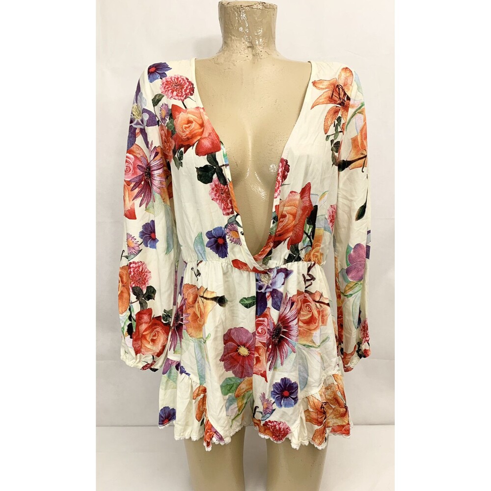 Choices One Piece Jumper Romper Size L Large 18" Multicolored Floral Deep V Neck